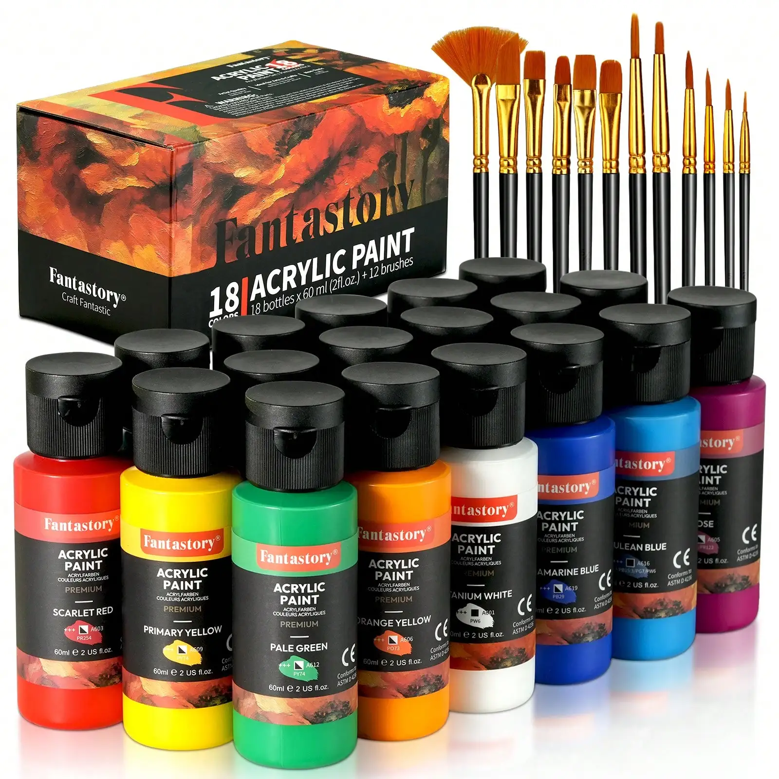 

Fantastory Professional Acrylic Paint Set, 18 Rich Pigments With 12 Brushes Paint Supplies For Arts Crafts