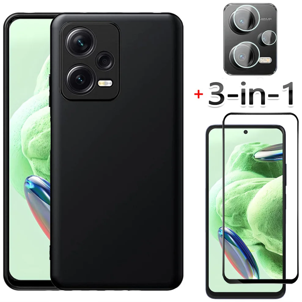 3-в-1, защитное стекло + тпу чехол для Redmi Note 12 5G glass case Note-12Pro+ мягкий анти-шок чехол на редми нот 12 про плюс ксиоми ноут 12 про чехлы для телефона Xiaomi Note12 Pro Plus чехол для редми нот 12