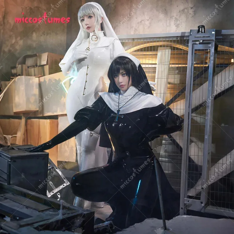 CyMiccostumes x Chowbie 여성 섹시 란제리 세트 검은 수녀 코스프레 의상 바디 슈트 점프 슈트 (칼라 헤드 밴드 목걸이 포함)