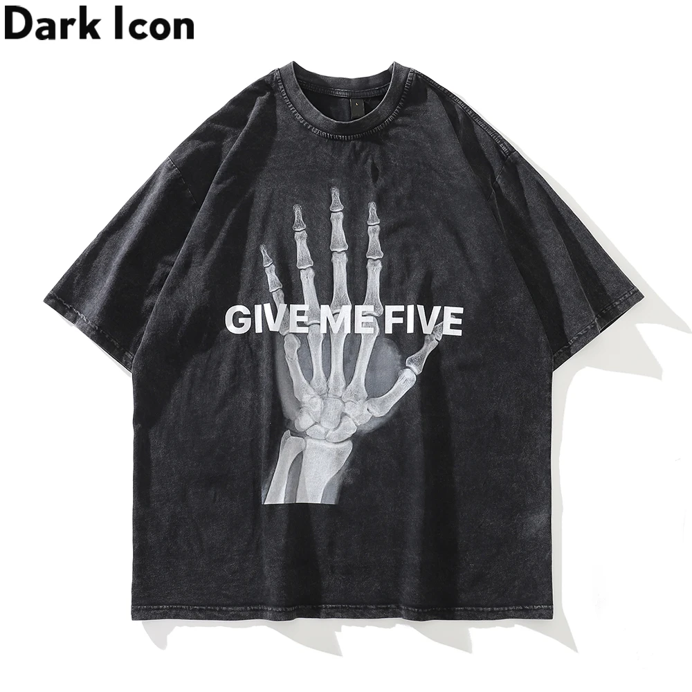 Dark Icon Give Me Five Skeleton Hand Hip Hop T-shirt Men Summer Streetwear Funny Printed Cotton Tshirts Man