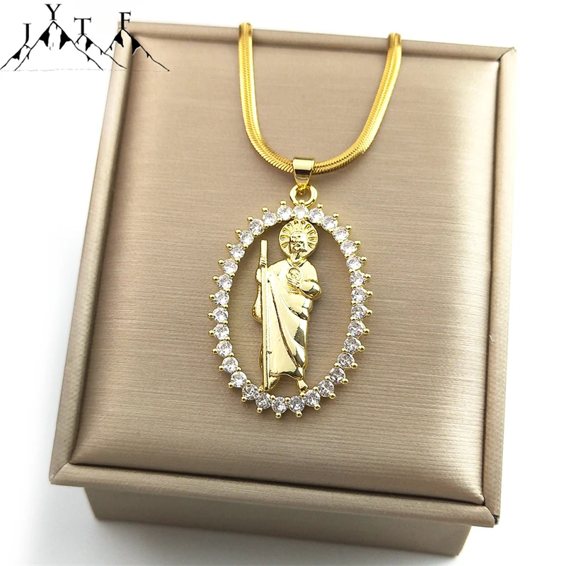 Zircon Shiny San Judas Tadeo Necklaces for Women Men Stainless Steel Gold Plated Saint St.Jude Thaddeus Necklace Jewelry NTPS05