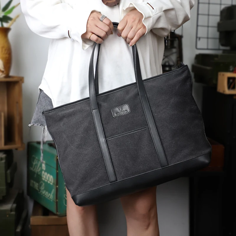 

Casual Genuine Leather Tote Bag Handmade Canvas Women Handbags Shoulder Bags Large Capacity Shopper Bag School Bags For Men