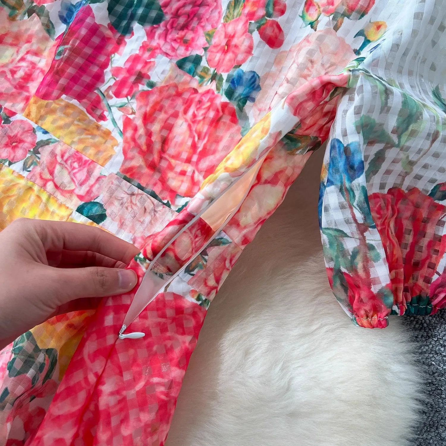 Summer Bohemian Gorgeous Flower Chiffon Maxi Dress Women's Bow Tie Short Puff Sleeve Floral Print Holiday Boho Long Robe Vestido