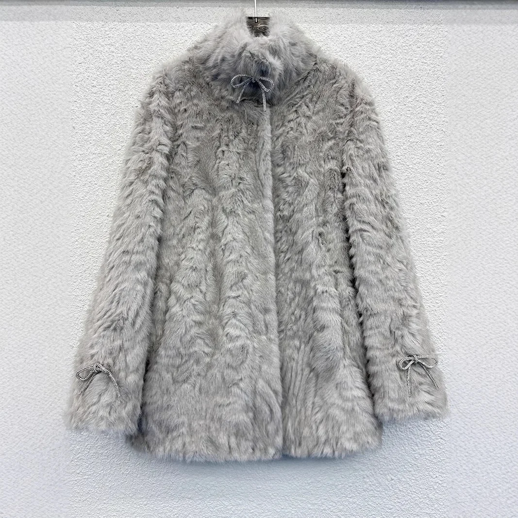 

Bowknot Women's Winter Artificial Fur Coat Furry Stand Collar Pure Color Female Eco Fur Jacket Thick Warm Faux Fur Coat For Lady