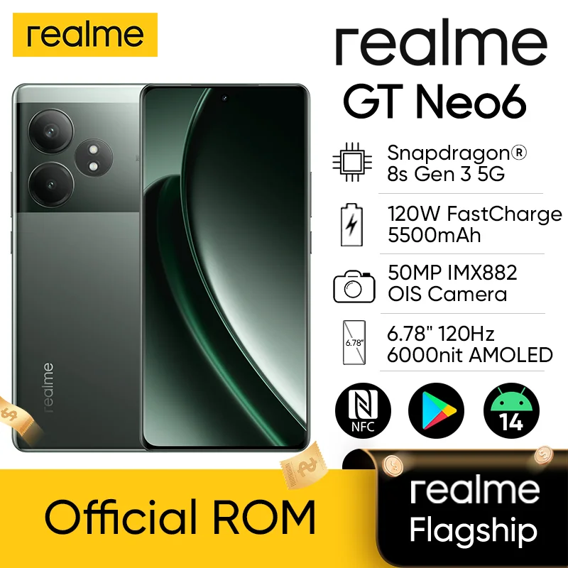 Разблокированный оригинальный смартфон realme GT Neo 6 5G, Snapdragon 8s Gen 3 50MP OIS 6,78 "120 Гц 6000nit 5500 мАч 120 Вт realme GT Neo6