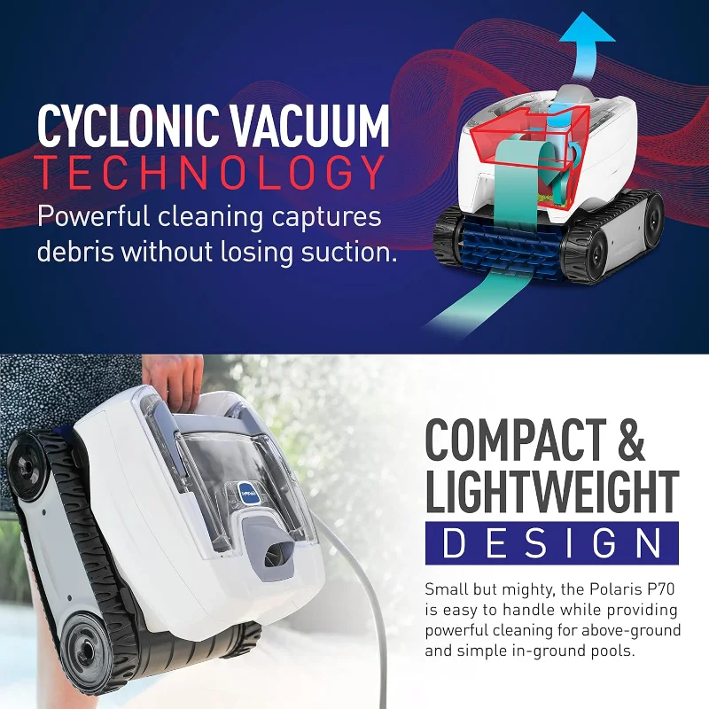 หุ่นยนต์ทําความสะอาดสระว่ายน้ํา Polaris P70 สําหรับสระน้ําก้นแบน ฝาปิดโปร่งใส พร้อมกระป๋องกรองทําความสะอาดง่าย กะทัดรัดและน้ําหนักเบา