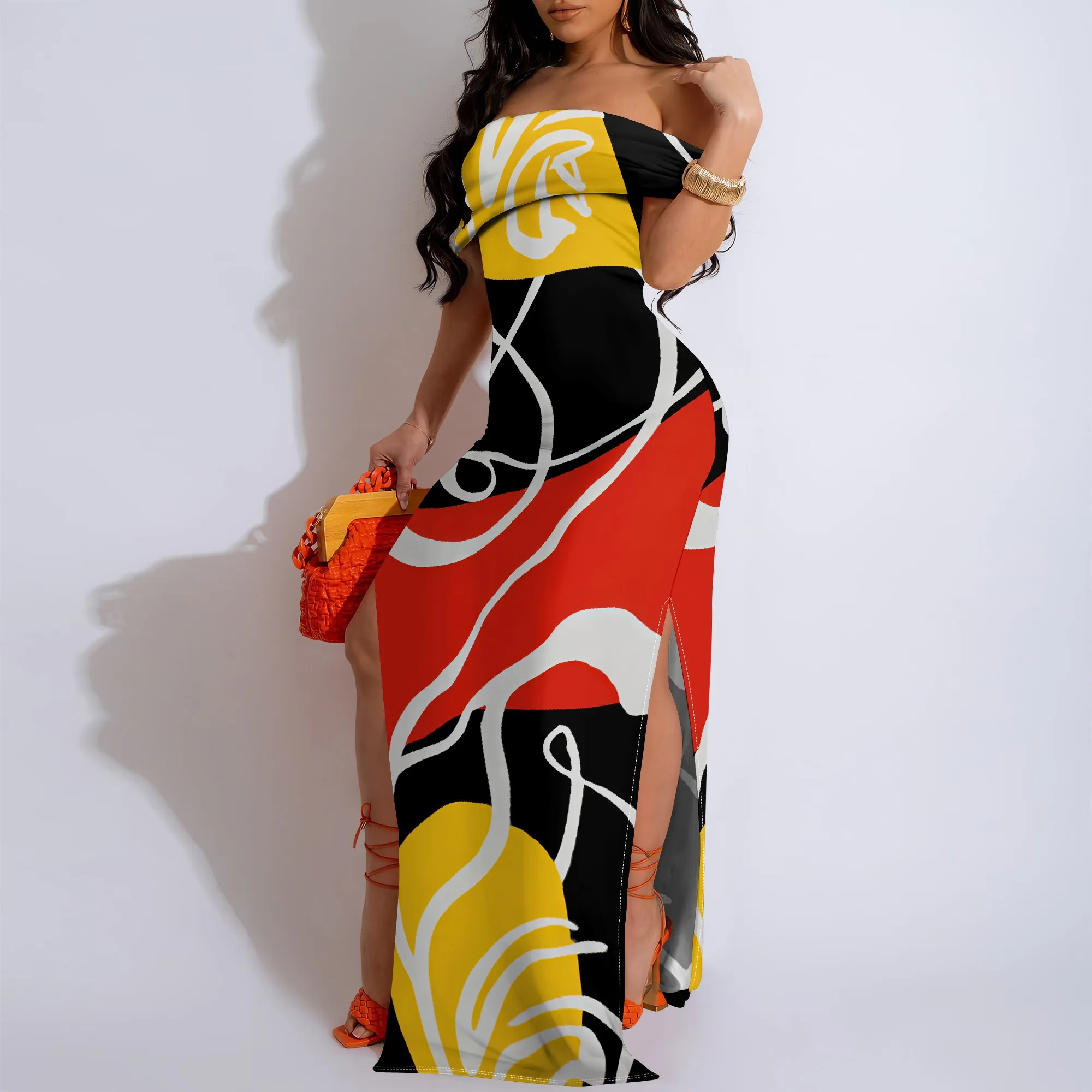 

Sexy Strapless Split Maxi Dress for Women Abstract Print Summer Beach Party Dress Bodycon Halter Style XS-3XL 2025