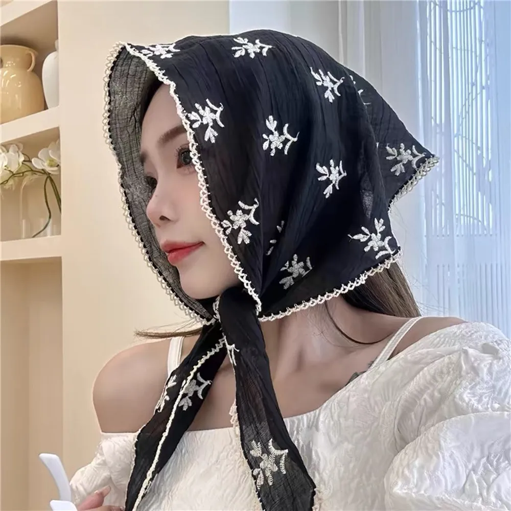 2024 New Small Sqaure Scarf Shawls Decora Linen Cotton Lace Triangle Scarf Summer Floral Hair Scarf Headband Sunscreen Headscarf