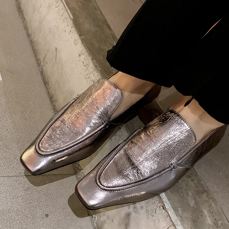 2024 New Spring Genuine Leather Square Toe Women Shoes Casual Loafers Silvery Slip-on Shoes for Women Zapatos De Mujer Pumps