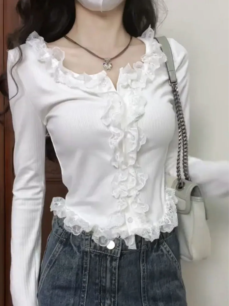 Korean Fashion Sexy White T-Shirts Slim Gyaru Chic Lace Tees Gyaru O-Neck Crop Top Casual Simple Streetwear Mori Girl Coquette