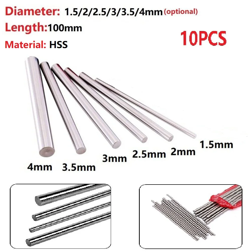 10pcs/kit HSS High Speed Steel Solid Round Rod Lathe Bar Stock Assorted Diameter 1.5mm/2mm/3mm/4mm Length 100mm