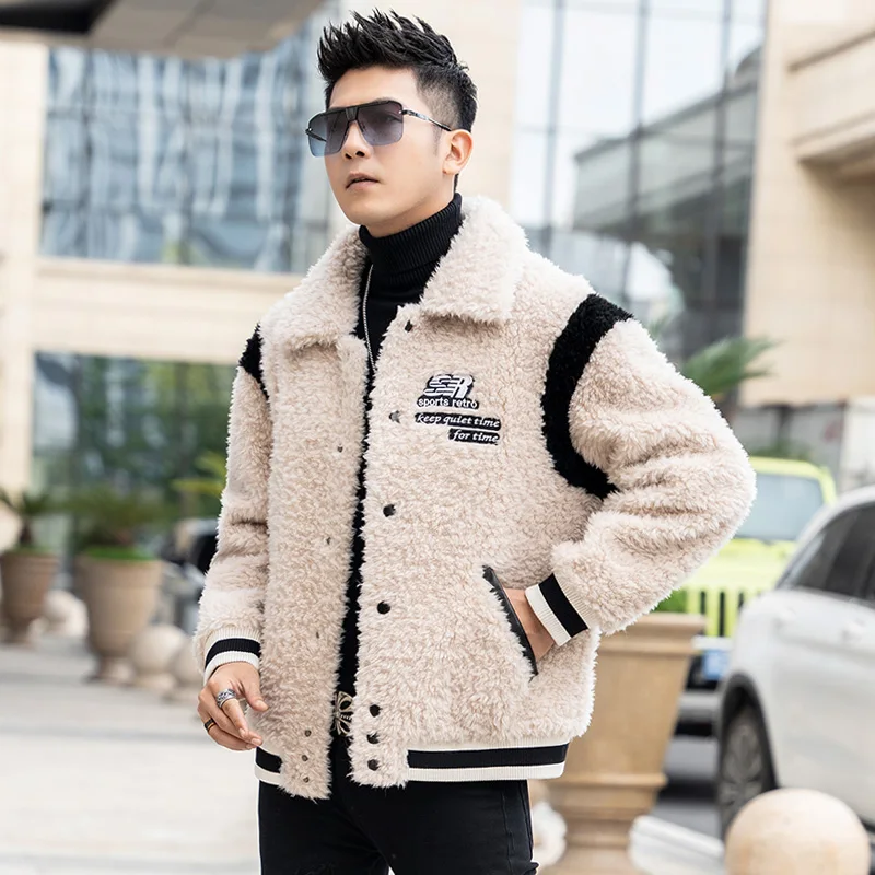 Winter New Fur One Men's Short Lapels Baseball Uniform Lamb Fur Genuine Leather Cashmere Jacket Men Shearling Embroidery Coat