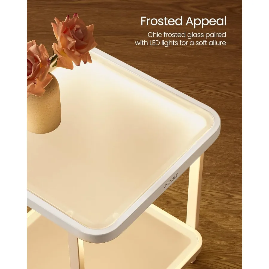 طاولة جانبية من طبقتين مع أضواء LED مدمجة، منضدة مربعة حديثة تتميز بسطح زجاجي بلوري ومعرف سفلي قابل للتعديل