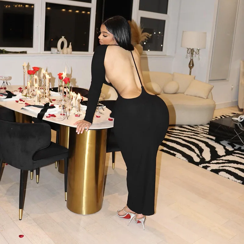 2025 Primavera Nuovo abito sexy a maniche lunghe scollato senza schienale per le donne Abiti lunghi da festa eleganti e solidi