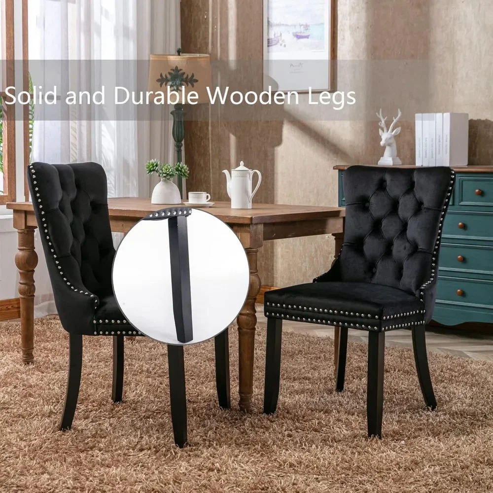Conjunto de 4 cadeiras de jantar de veludo preto, cadeiras estofadas para sala de jantar com acabamento em anel e pernas de madeira maciça, cadeiras de jantar modernas
