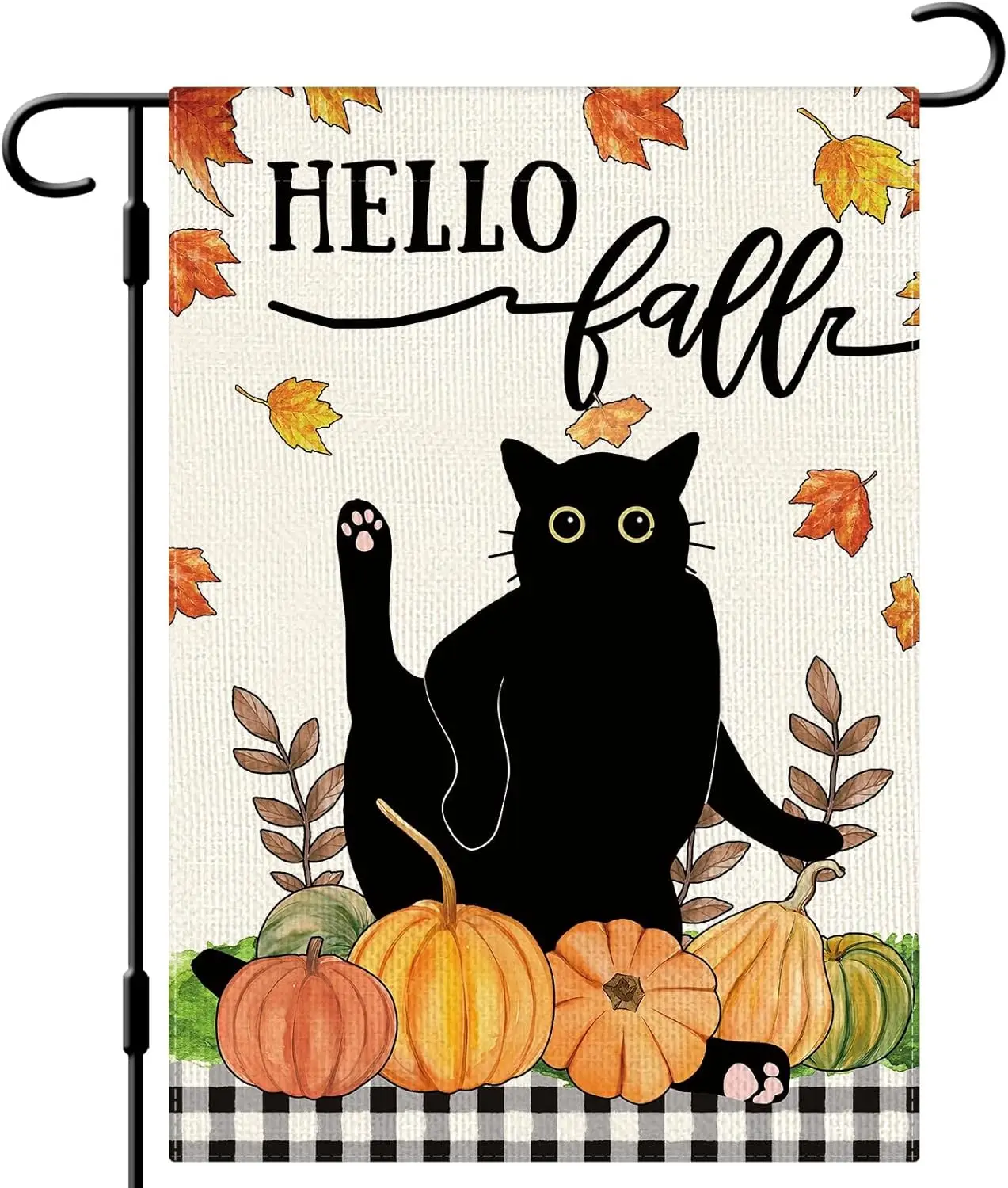 DLZDN Hello Fall Cat Garden Flag Autumn Black Cat Pumpkins Maple Leaves Flag 12×18 Inch Double Sided Buffalo Plaid Farmhouse Yar