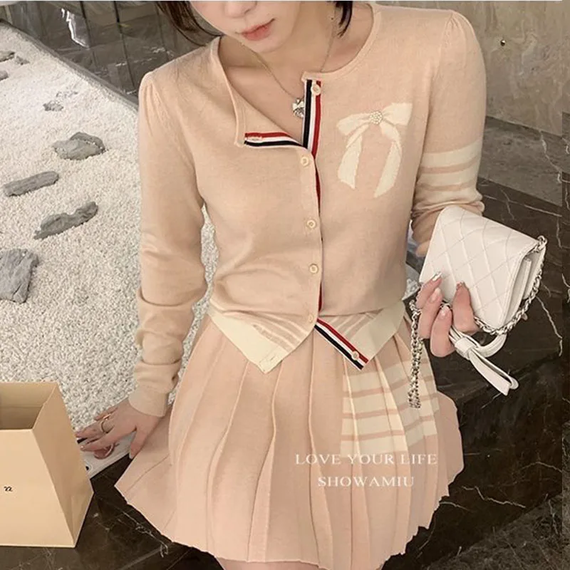 Korean College Style Short Skirt Set Knitted Cardigan Jacket+versatile Design Pleated Skirt Half Skirt Two-piece Set for Women