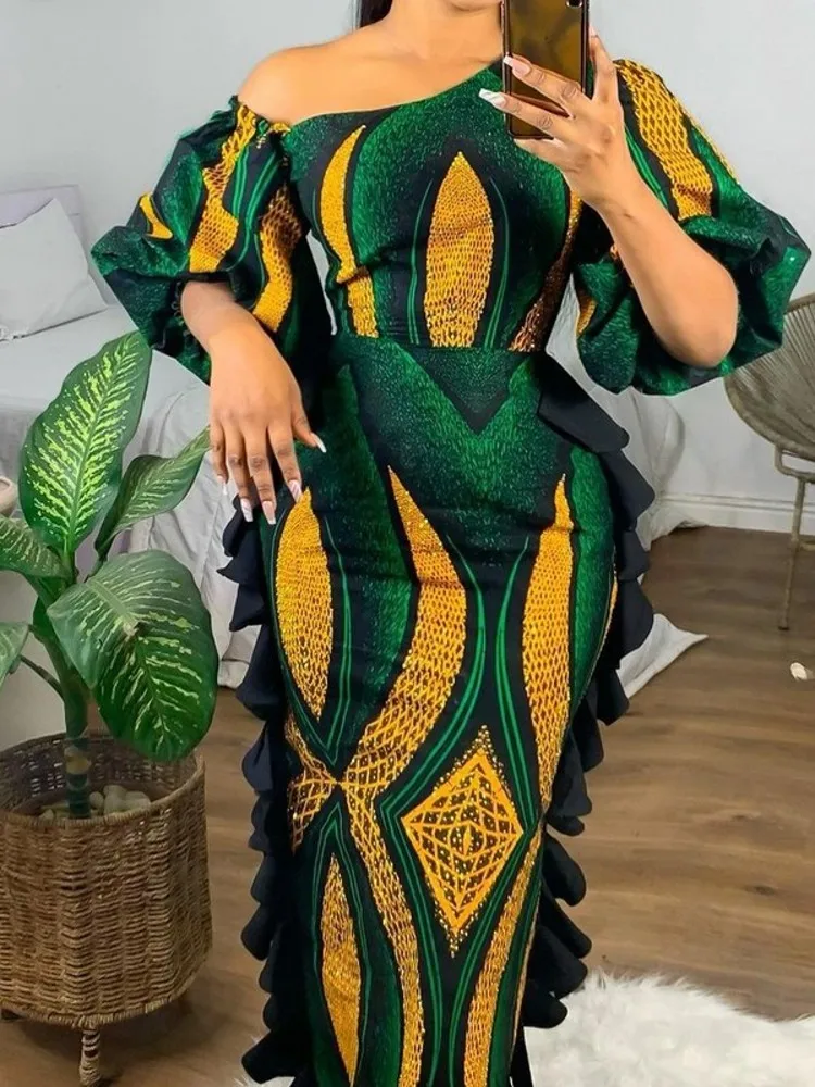 Robes Africaines Pour Femmes Polyester Robe Mince 2022 Automne Sexy Découpé Volants Robes Femmes ixBureau Maxi Robe Éducative S-3XL