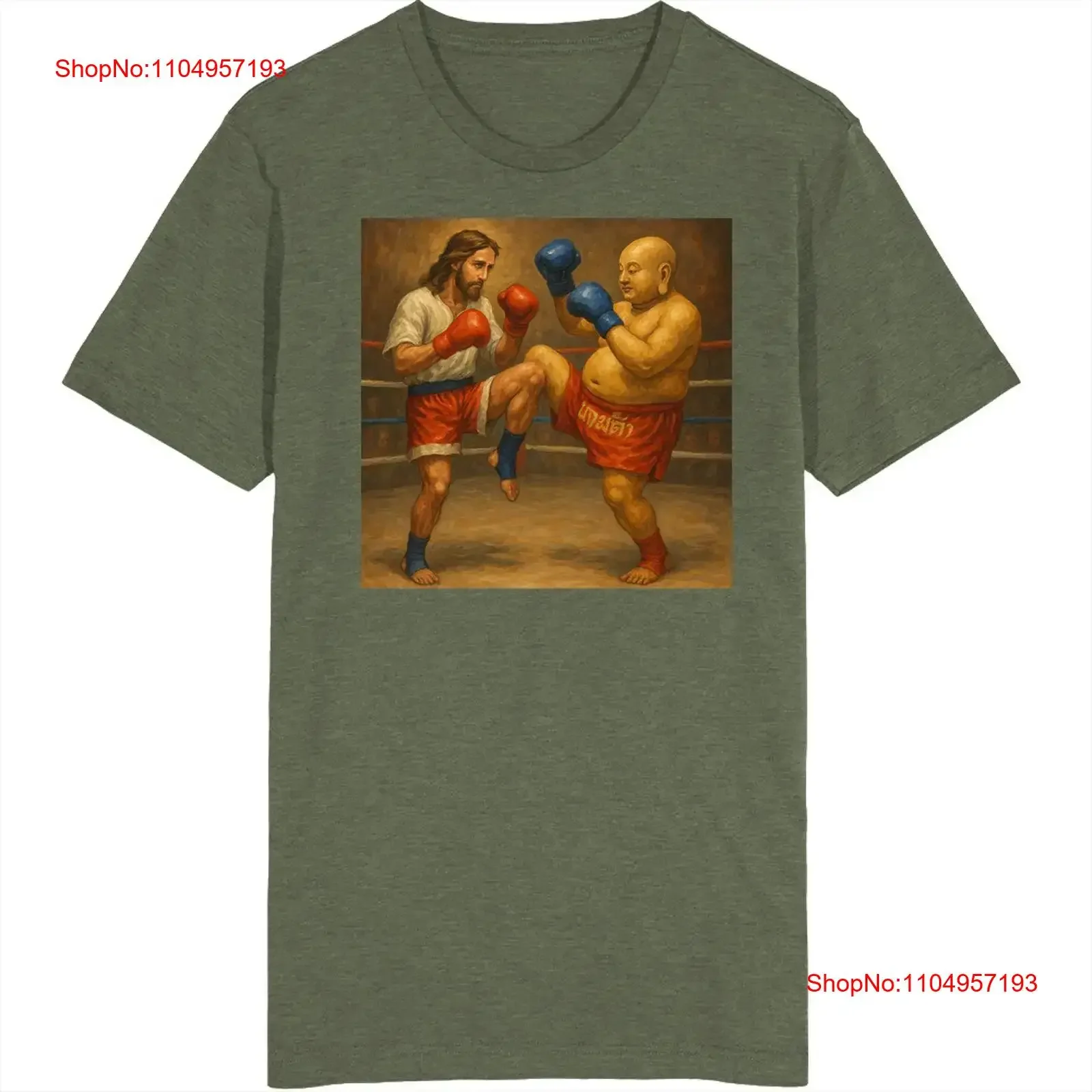 

Jesus Vs Buddha Muay Thai Match T Shirt vintage Washed Slightly Unisex Stretched fashion designer clothes graphic Soft