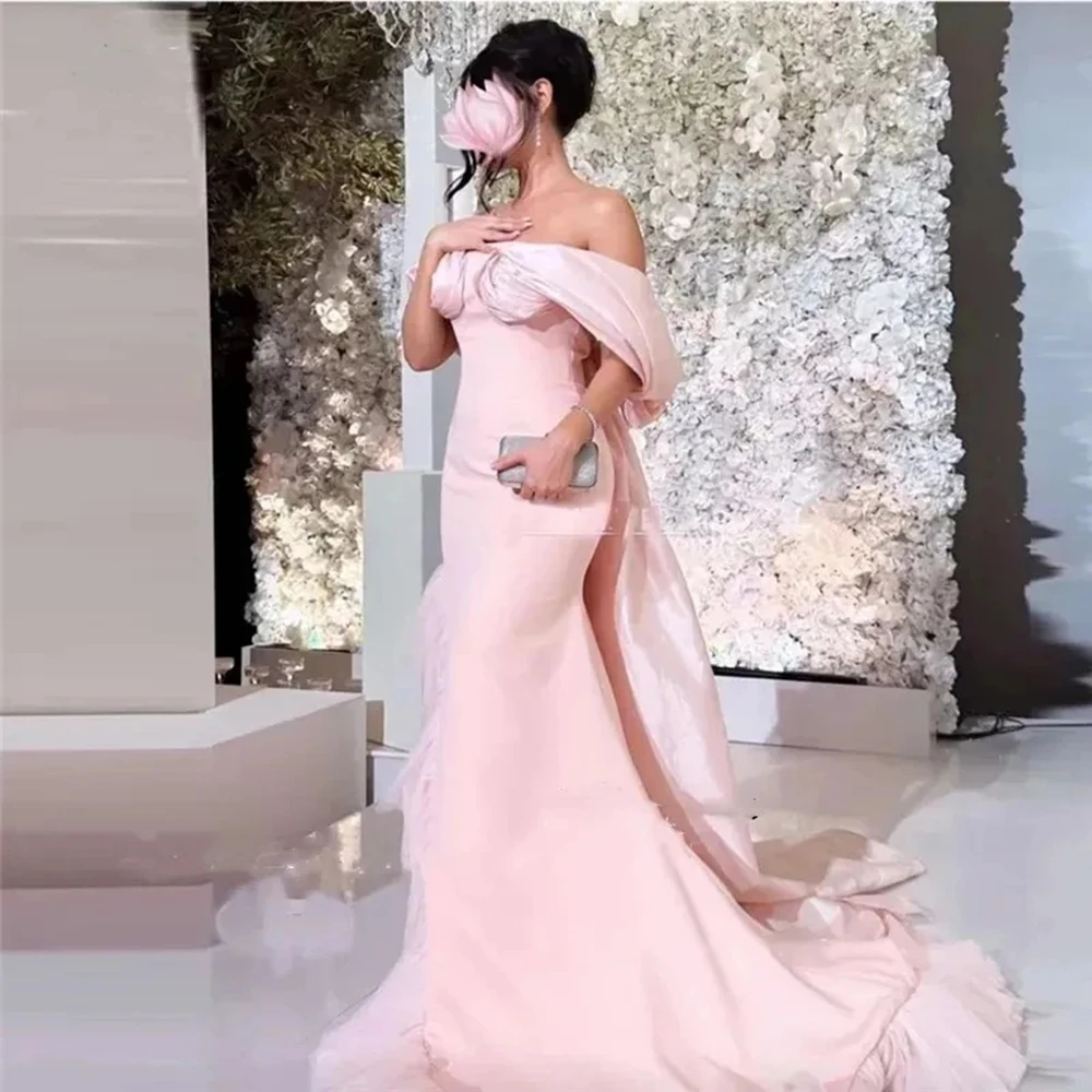 

Yipeisha Elegant Pink Mermaid Evening Gowns Off The Shoulder Pleat With Sweep Train Ruched Wedding Party Dress