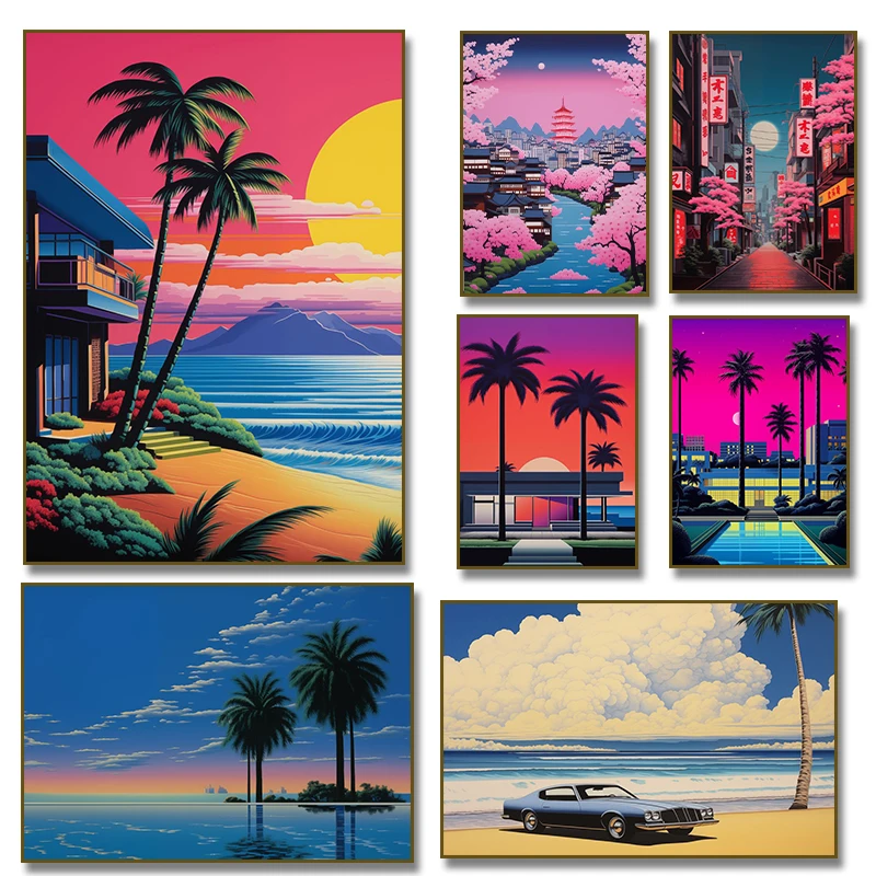 Hiroshi Nagai Japan Pool Palm Sunset Purple, Pósteres Impresos, Arte de Pared Vaporwave, Pintura en Lienzo, Cuadros Nórdicos para Sala de Estar