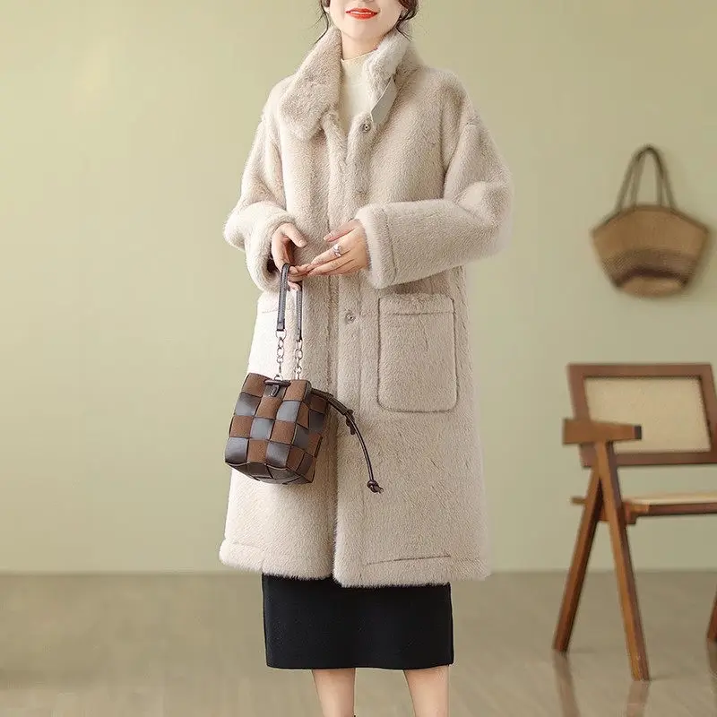 

Plush Coat Large Size Long Women's Winter Clothes Loose Cardigan Artistic Fashionable Casual Pocket Woolen Jacket Overcoat Z3660