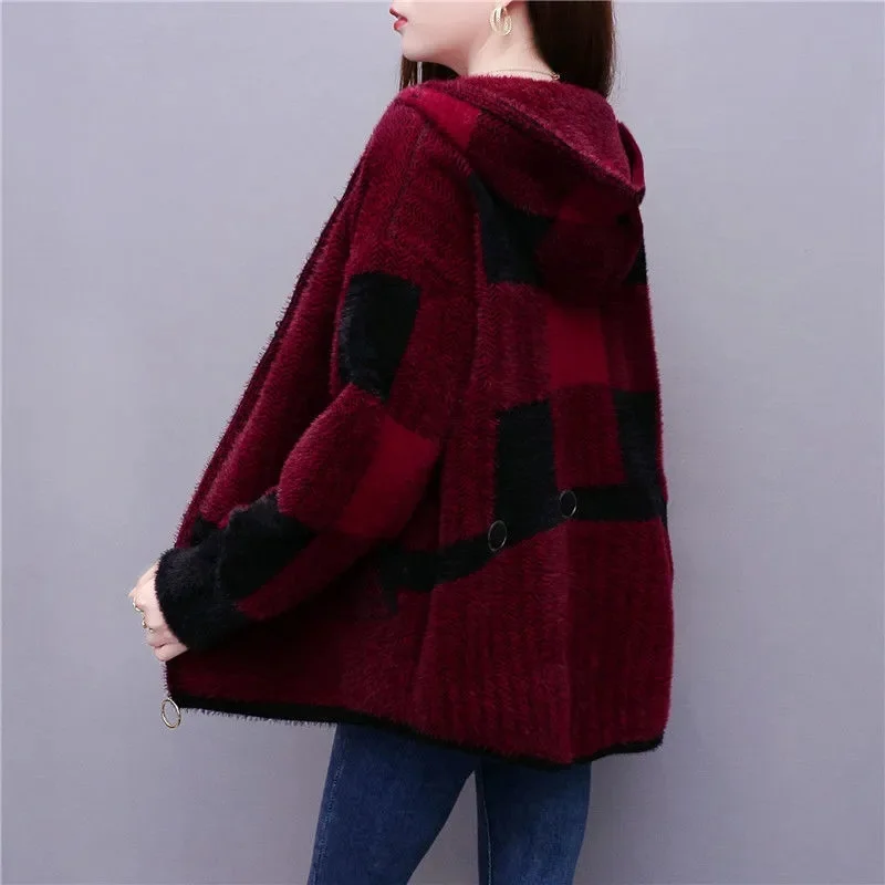 Middle-Aged Women Imitation Mink Cardigan Coat 2025 New Spring  Autumn Jacket Mother's Top Hooded Knitted Sweater Outwear Ladies