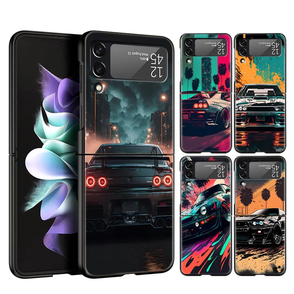 For Samsung Galaxy Z Flip 3 4 5 Hard Black Folding PC Phone Case Sports Car JDM Tokyo drift F1 Luxury For Samsung Z Flip3 Cover