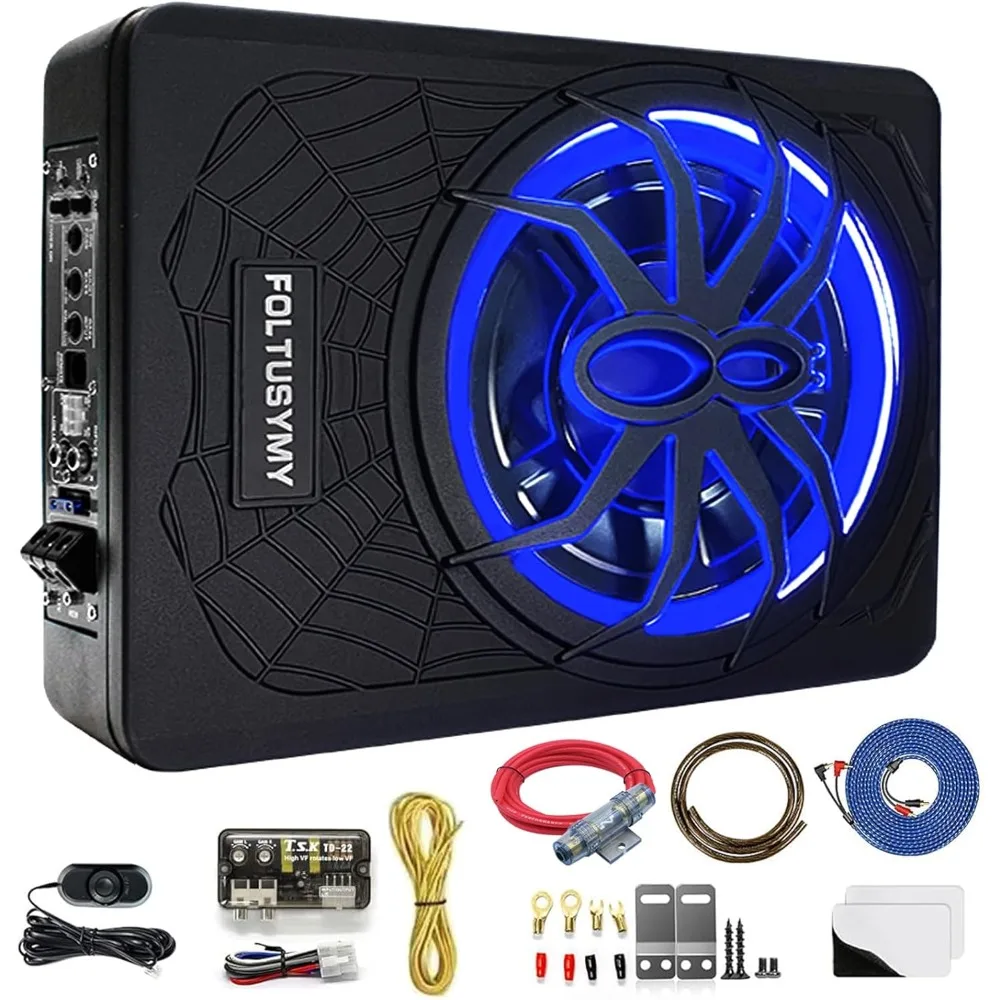 

1200W 10" Slim Under Seat Powered Car Subwoofer, High/Low Level Input, Car/Truck Audio Sub Built-in Amplifier amp Combo Package,