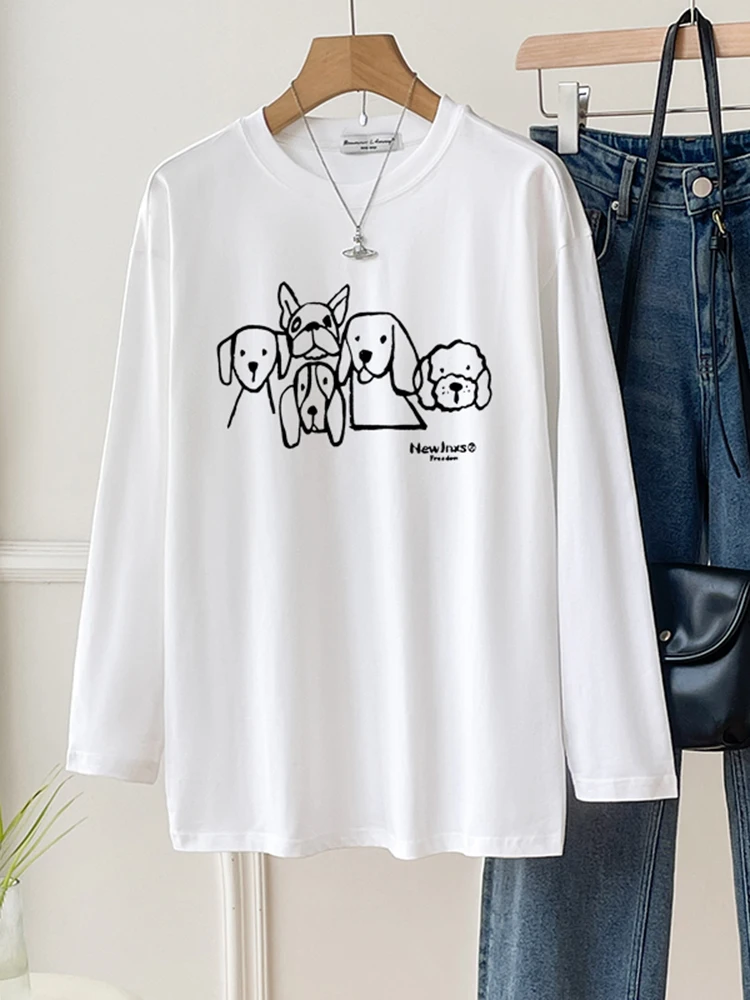 Spring Autumn New Casual American Retro Age Reducing Hand Drawn Dog Printed White Long Sleeved T-shirt for Women Blouse Top A307