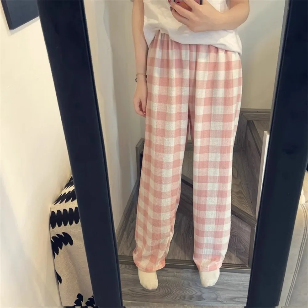

Fashion Stripe Plaid Casual Pants Women Wide Leg Pajamas Sweet Trousers High Waist Nightwear Girls’ Sleepwear Spring Autumn