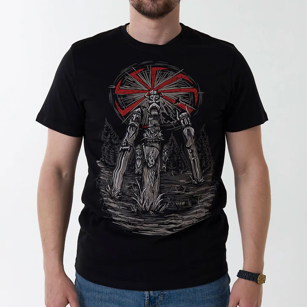 Slavic God Perun Statue Kolovrat Symbol Pagan T-Shirt 100% Cotton O-Neck Summer Short Sleeve Casual Mens T-shirt Size S-3XL