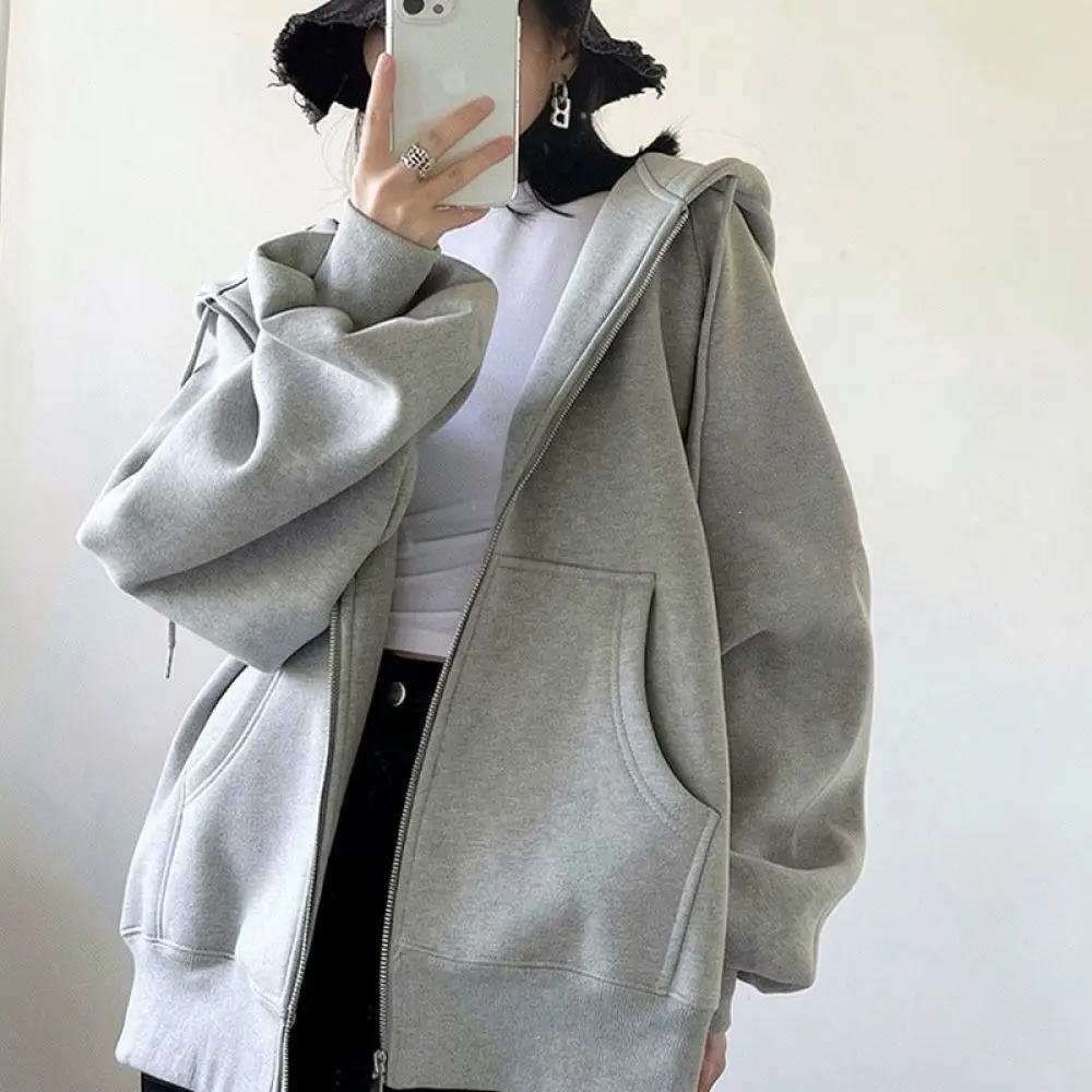 Loose Fit Grey Zip Up Hoodie Casual Sweatshirt Fleece Lined Unisex Autumn Winter Long Sleeve Fashion Streetwear Jacket