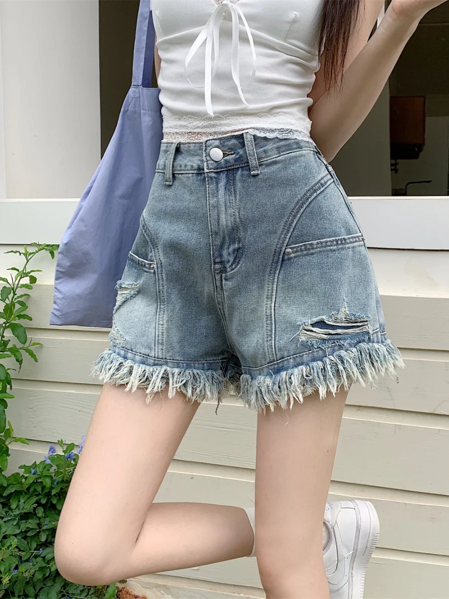 

Summer New American Style Hot Girl Hole Denim Shorts Women Large Size Fat MM Fringe Pocket High Waist Shorts Blue Zipper