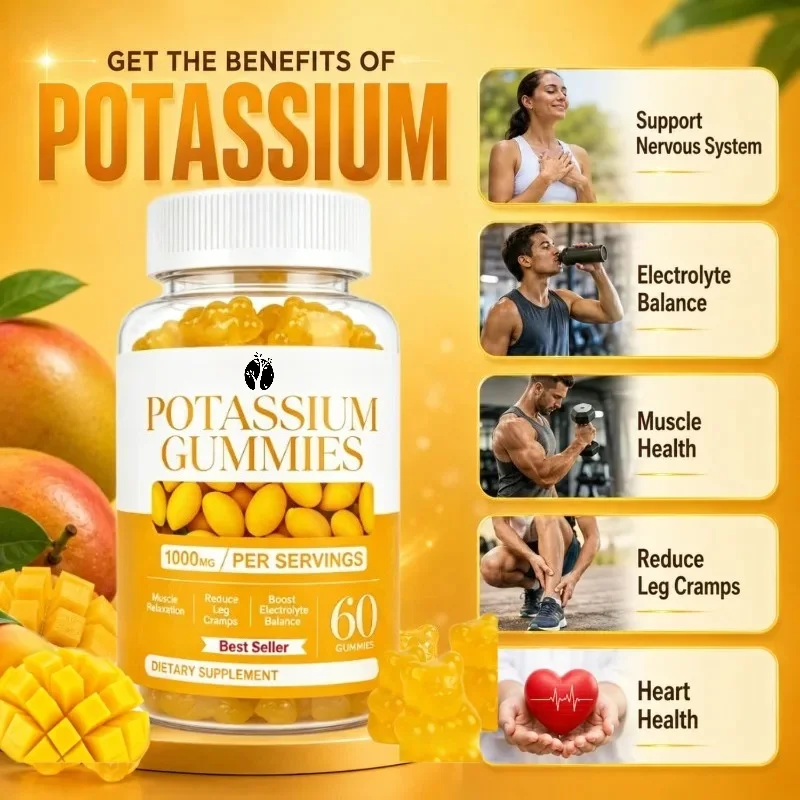 Potassium Gummies, Mango Flavored Potassium Bicarbonate Supplements, 60 Gummies for Electrolyte Balance and Muscle Health