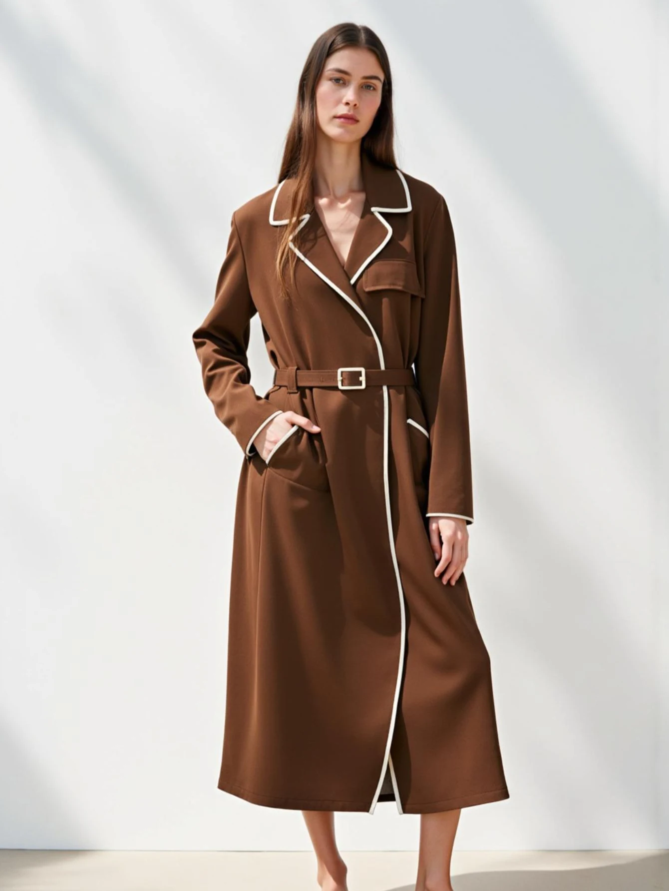 

Женский длинный плащ, осенний простой шаль с воротником, длинным рукавом и карманами, базовый стиль