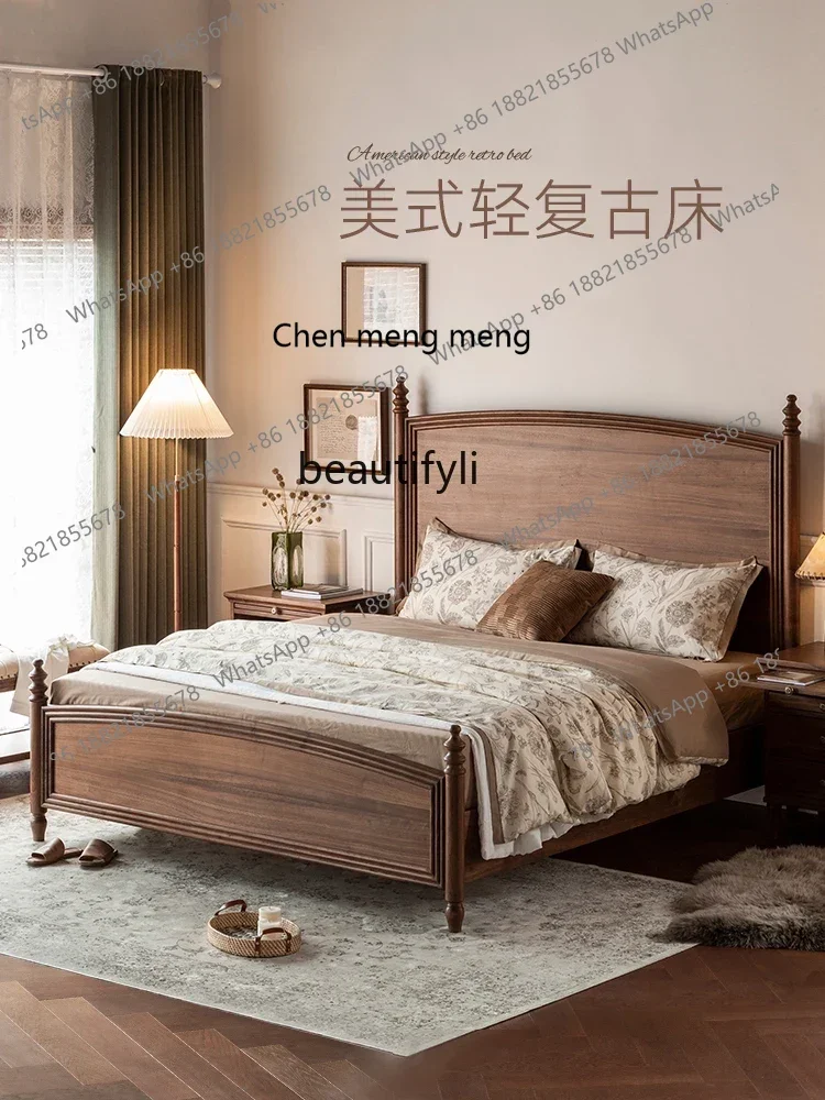 K185 Solid Wood American Retro Double Bed North American Black Walnut Box Simple Master Bedroom Middle Ancient Bed
