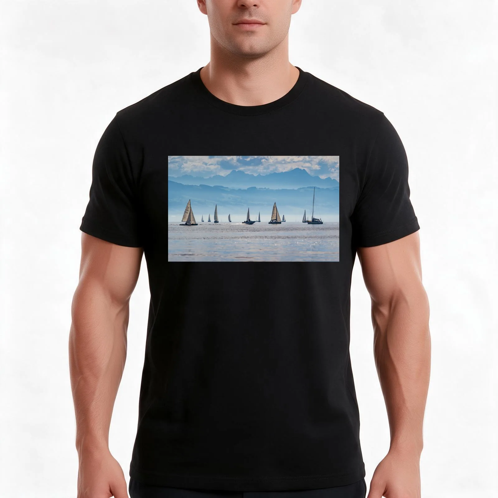 Sailboats on Lake Constance T-Shirt, Summer Casual Cotton Tee, Oversized Streetwear Tops, Vintage Graphic Print, 100% Cotton