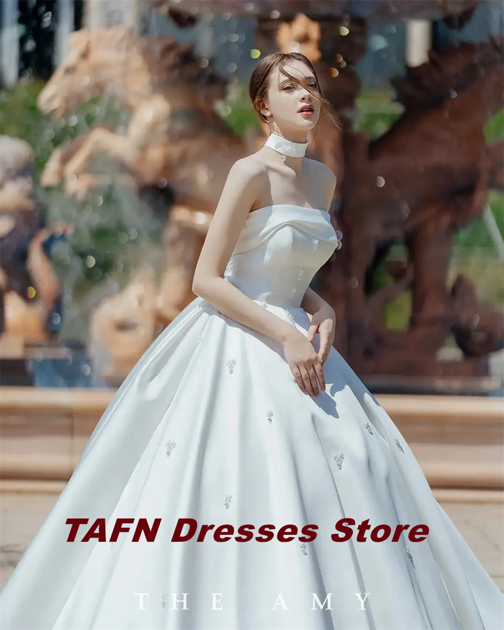 TAFN 2 Styles Wedding Dresses Detachable Long Sleeves A-line Princess Bridal Gown Satin Strapless 한국 웨딩드레스