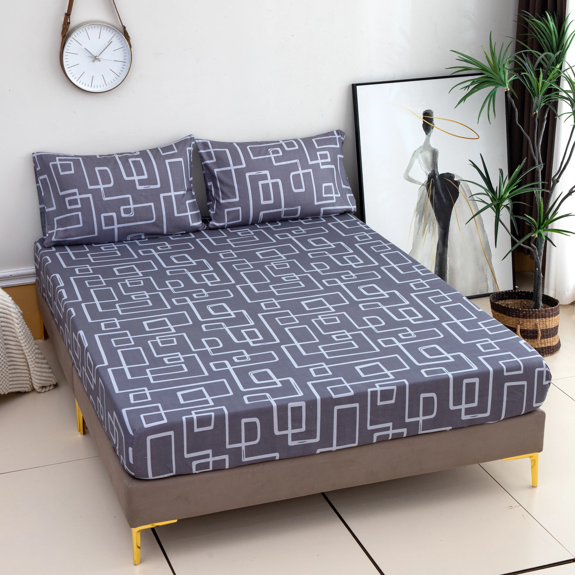 Geometric Line Print Fitted Sheet 1-Piece Mattress Cover (Pillowcase Not Included) Multi-Color Polyester Fiber Three-Dimensional Dirt-Proof Mattress Protector Polyester Five-Sided Wrap-Around Fitted Sheet Suitable for Bedroom, Dormitory, Guest Room, Homestay, All-Season Use, Machine Washable