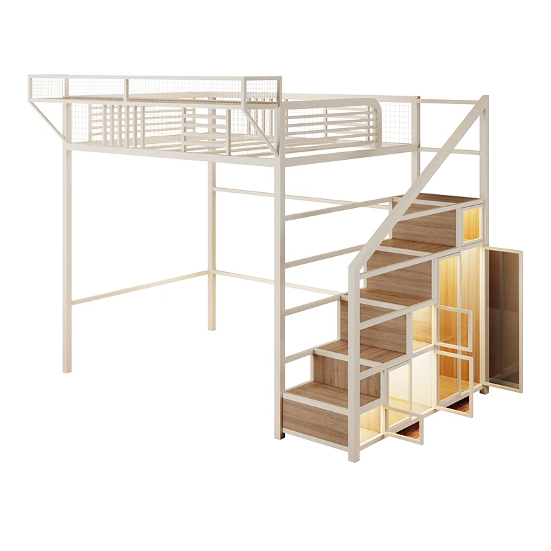 

Wrought iron elevated bed sheet, simple upper bed and lower cabinet, duplex space-saving household second floor suspended be d