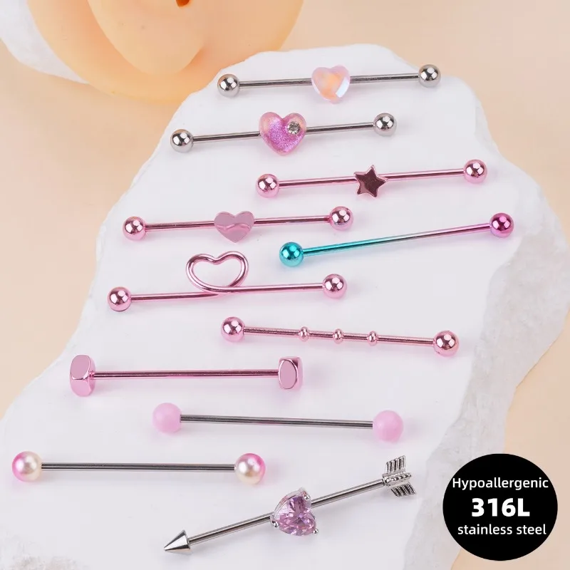 Ear Bridge Star Heart Shape Stainless Steel Long Stud Earrings Barbell Double Ear Hole Earbone Nail industrial piercings Jewelry