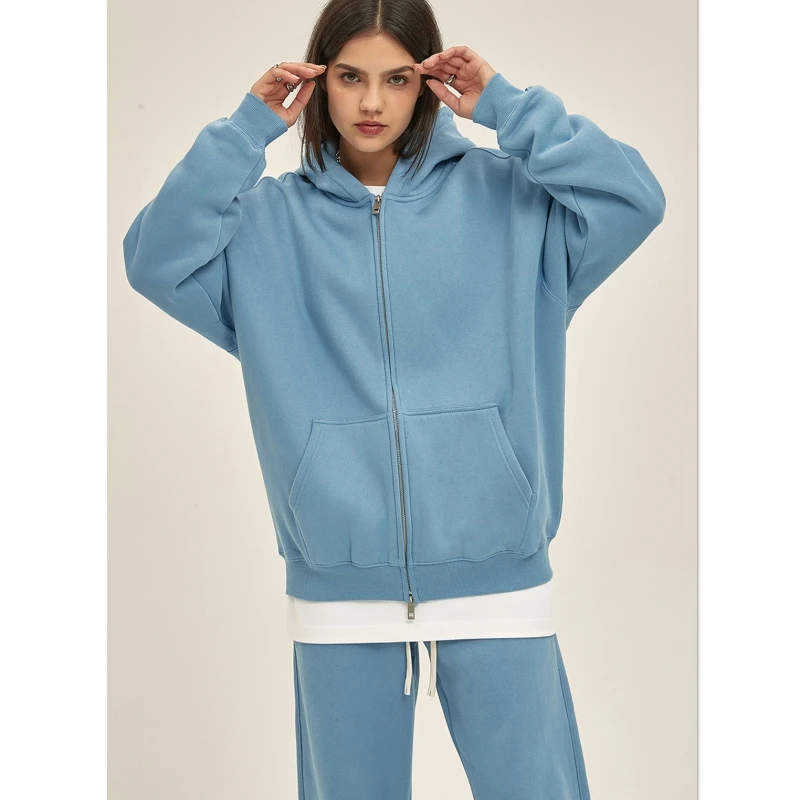 Felpa con cappuccio da uomo e da donna in pile pesante 350 g/m2 con zip intera in misto cotone Felpa con cappuccio con zip allentata da uomo Cappotto caldo e spesso per gli amanti