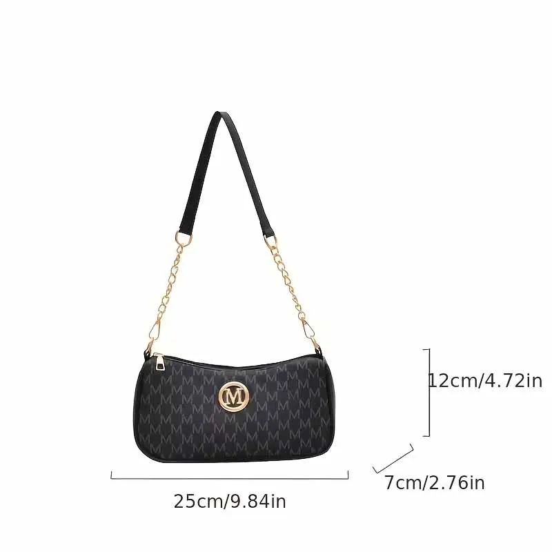 Damen Vintage M Monogramm Schultertasche mit Goldkette, PU-Leder Crossbody Baguette-Tasche, lässige Unterarm-Handtasche für den täglichen Gebrauch – Detail 6