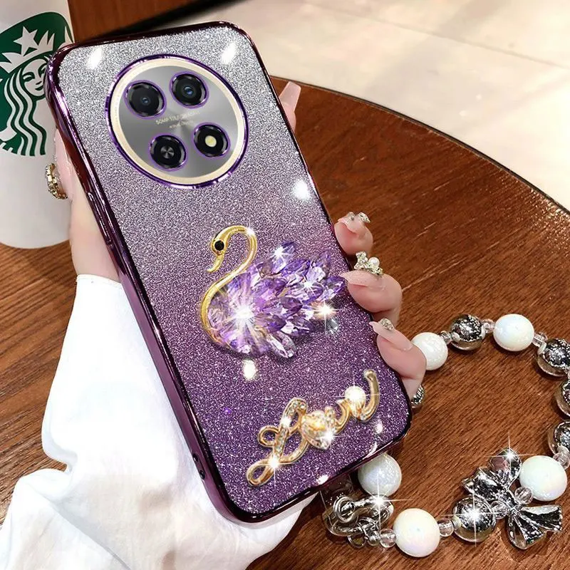 

Luxury Diamond Swan 12X 5G Case for OPPO Realme 12x 12 pro+ 10 Reno10 Reno11 Reno12 pro Reno7 7Lite 8T Bracelet Lanyard Cover