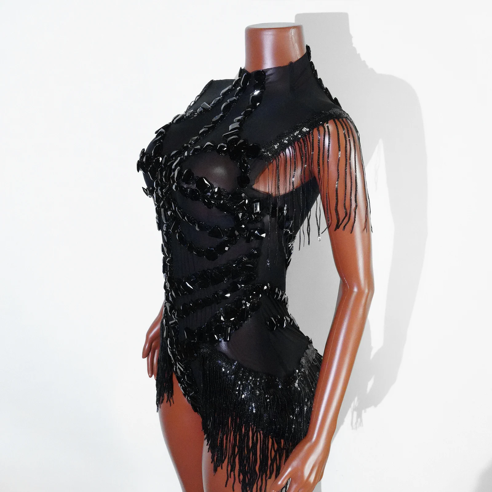 Sexy malha pura preto strass bodysuit cantor dançarino mostrar roupa de palco celebrar festa noite clube desempenho wear