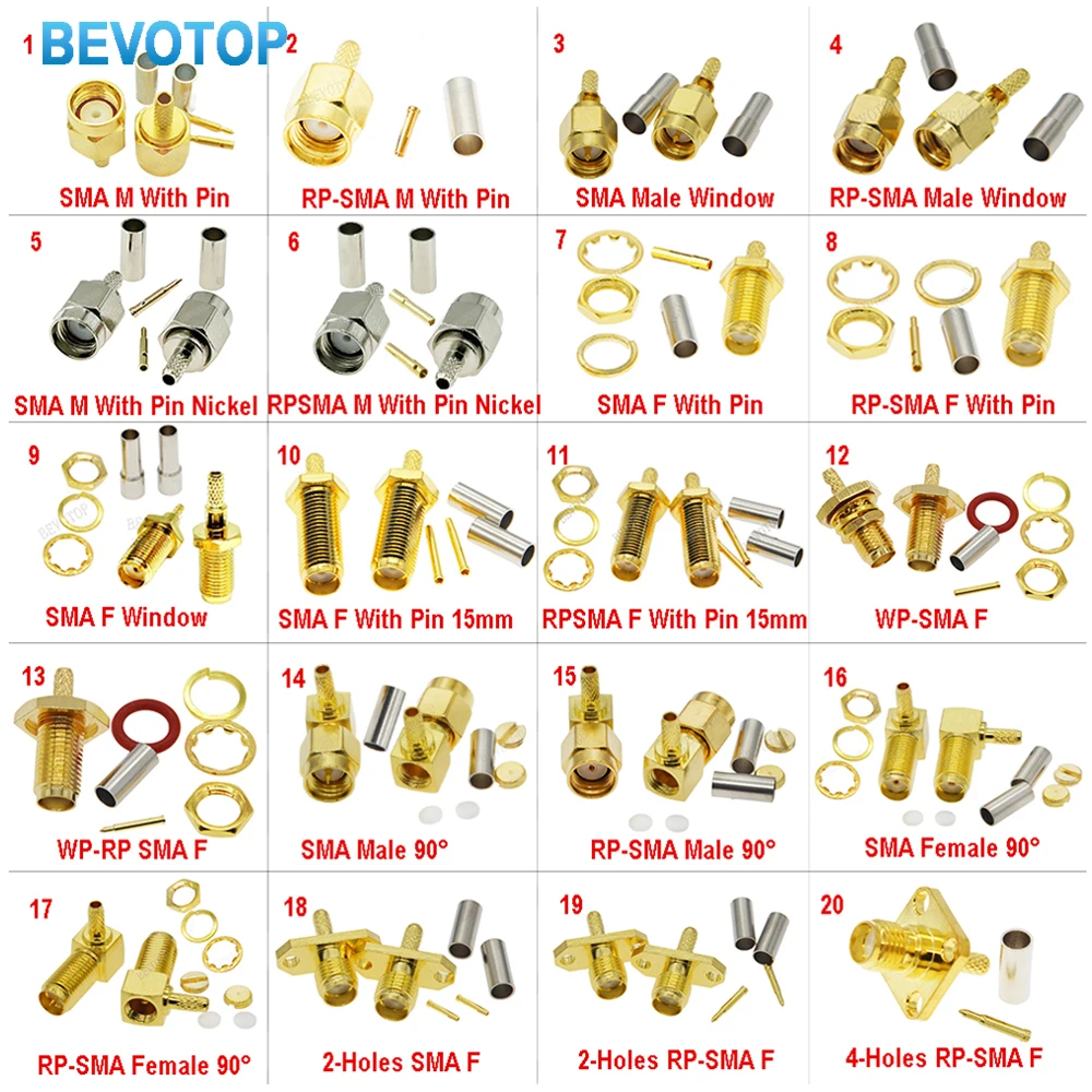 2PCS SMA Connector Crimp RG174/RG316/LMR100 Cable Gold Plated Window RP-SMA-J Waterproof 90 Degree RF Connector High Quality