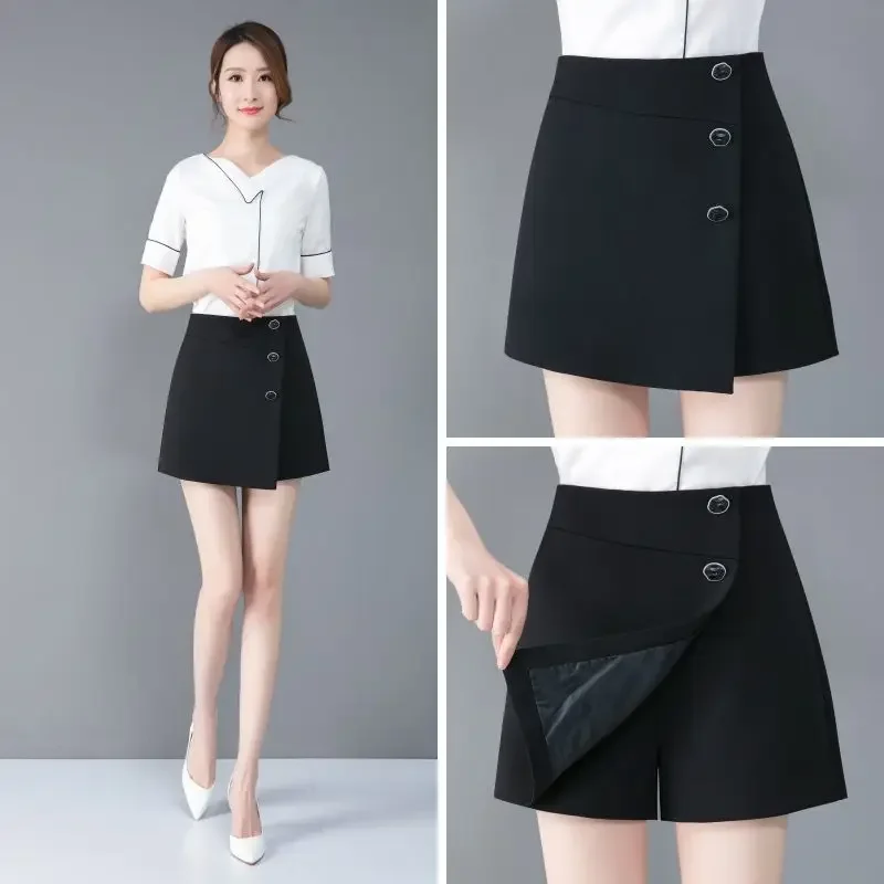 Pantaloncini asimmetrici tinta unita con bottoni con cerniera moda Abbigliamento donna 2025 Estate Nuovi pantaloncini larghi a vita alta da donna da ufficio