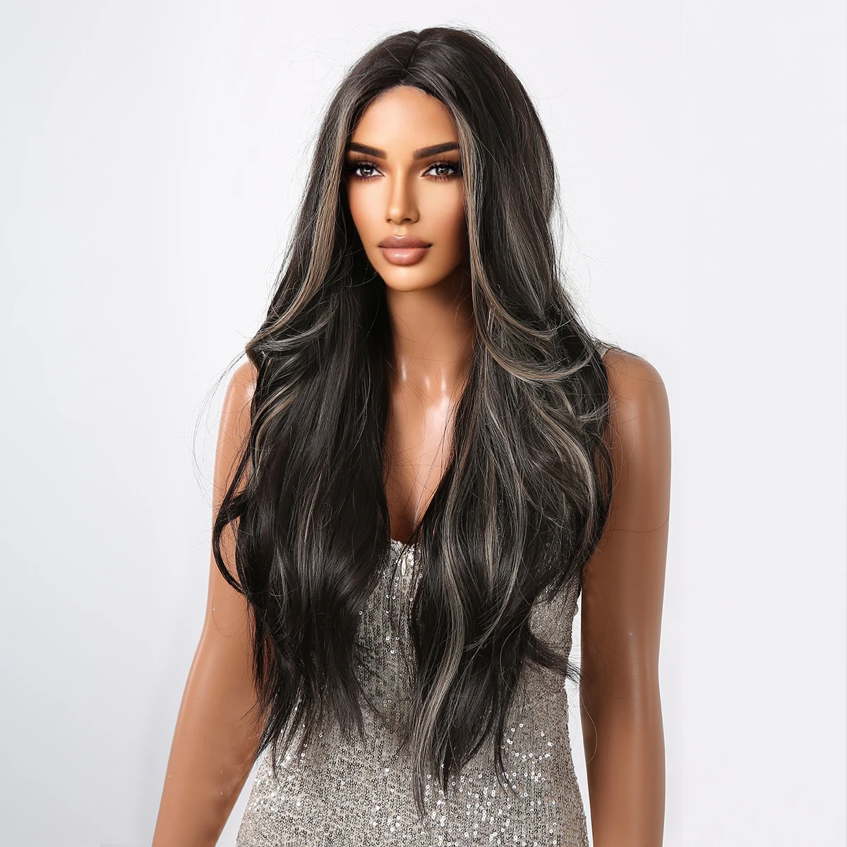 Synthetic Lace Hairline Wigs Long Wavy Lace Forehead Wig Brown Hand Crochet Wigs with Blonde Highlights for Women Heat Resistant