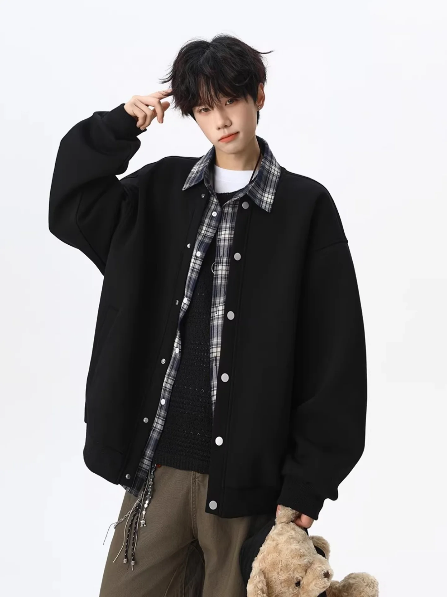 

Мужской весенний модный свободный повседневный кардиган-свитшот с эффектом двухслойности и вставками в американском стиле, базовый топ